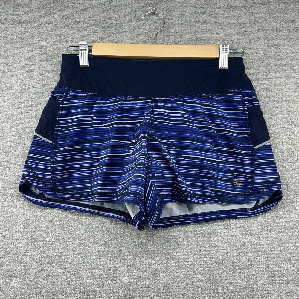 Athleta Womens Blue Striped Running Shorts XS Mesh Pockets Zip Pocket Reflective